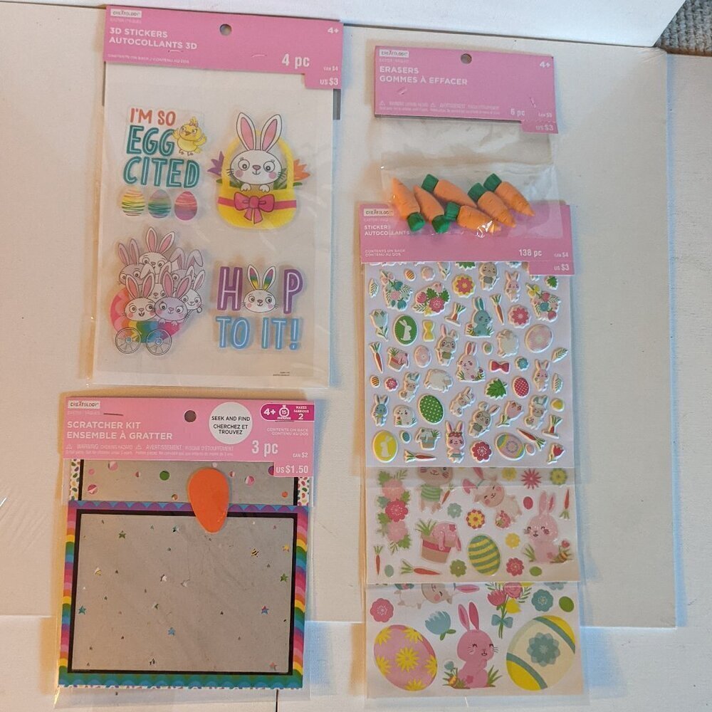 NWT Lot 4 Easter Bunny Stickers Carrot Erasers Crafts Bundle Michaels Egg Rabbit